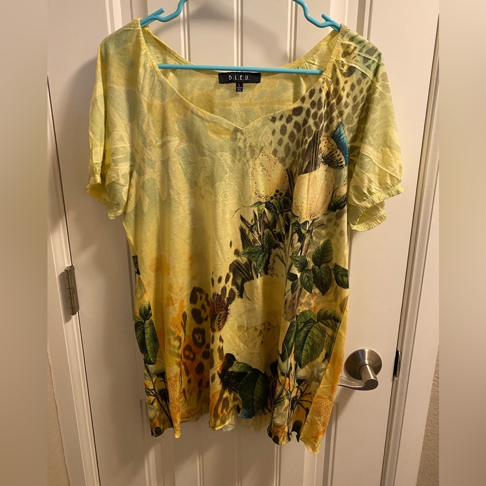 BLEU L Top Yellow Floral Blouse Rhinestones Shirt Lg Butterfly Large Bling
